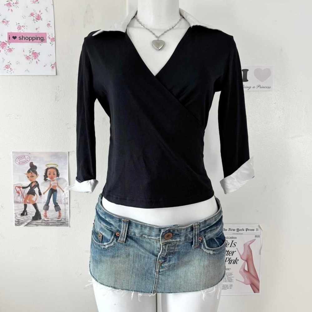ANXIETY – Black Wrap Collar‎ Top w/ White Contrast Cuffs (Size M)